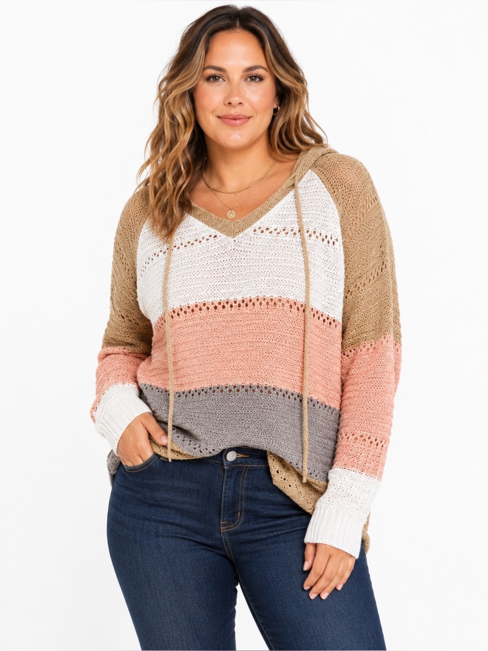 Boho Crochet Knit Hooded Sweater XL Striped V Neck Lightweight Pullover